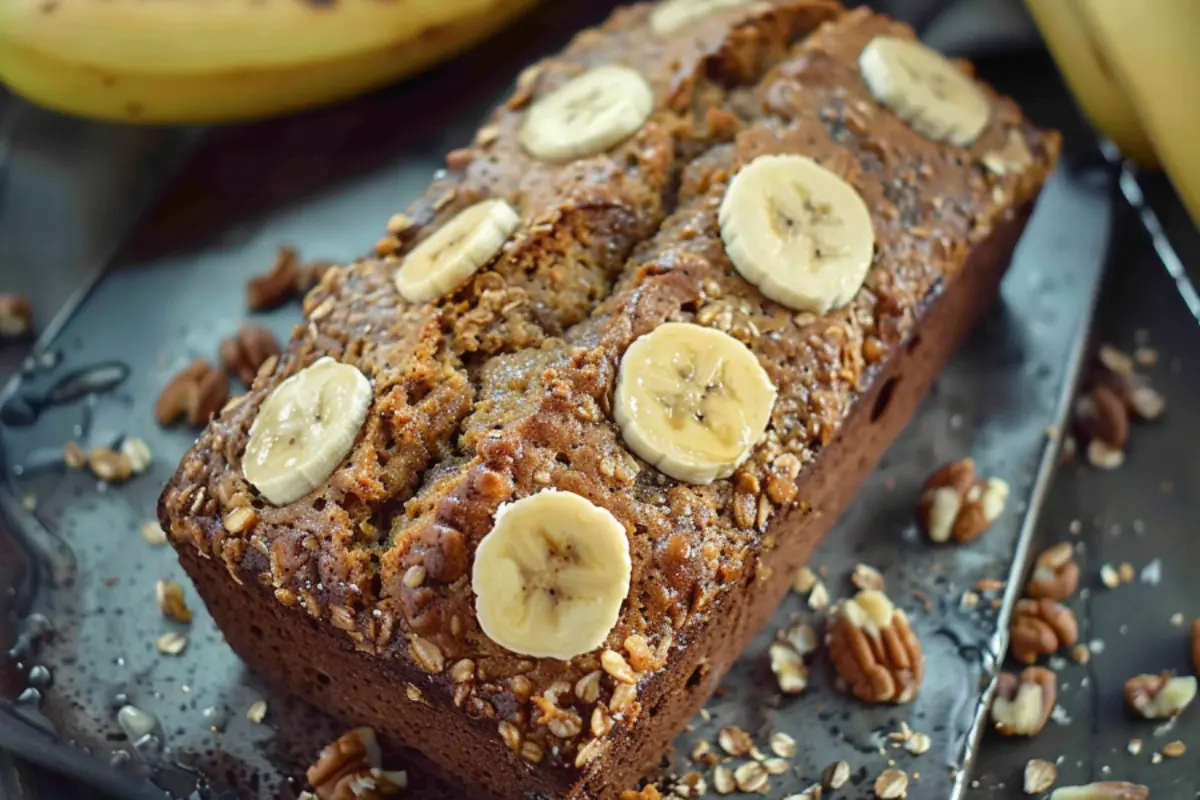 A freshly baked loaf of Starbucks banana bread topped with banana slices and surrounded by scattered nuts.