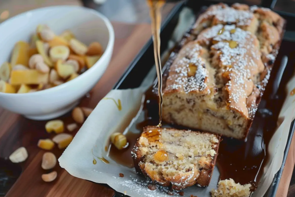 A slice of Starbucks banana bread being drizzled with syrup, with a bowl of mixed nuts and banana slices in the background.