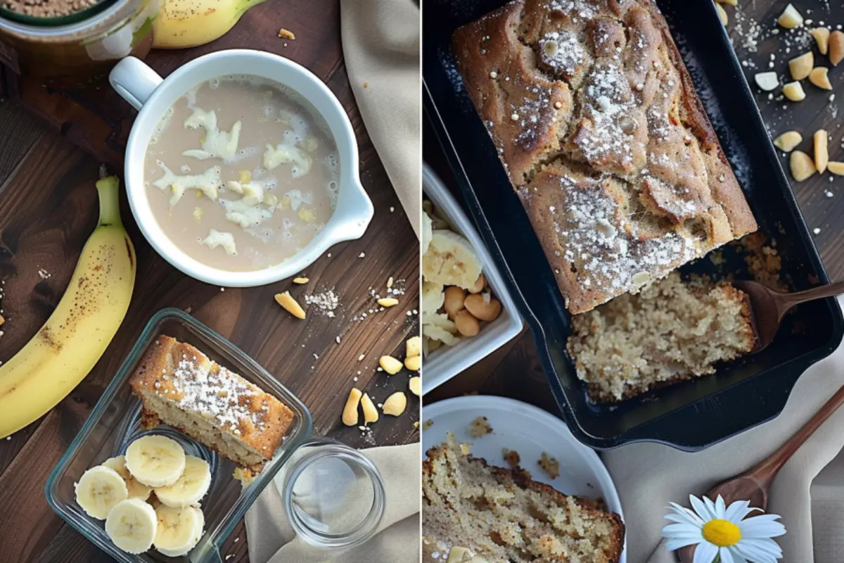 A collage showing Starbucks banana bread served with a cup of coffee and slices of banana, and another image of the bread in a baking tray.