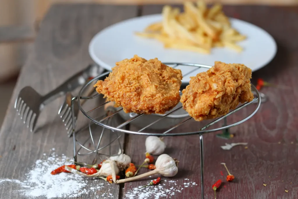 Crispy fried chicken pieces on a cooling rack over a wooden table, suggesting a discussion on improving crack chicken consistency.