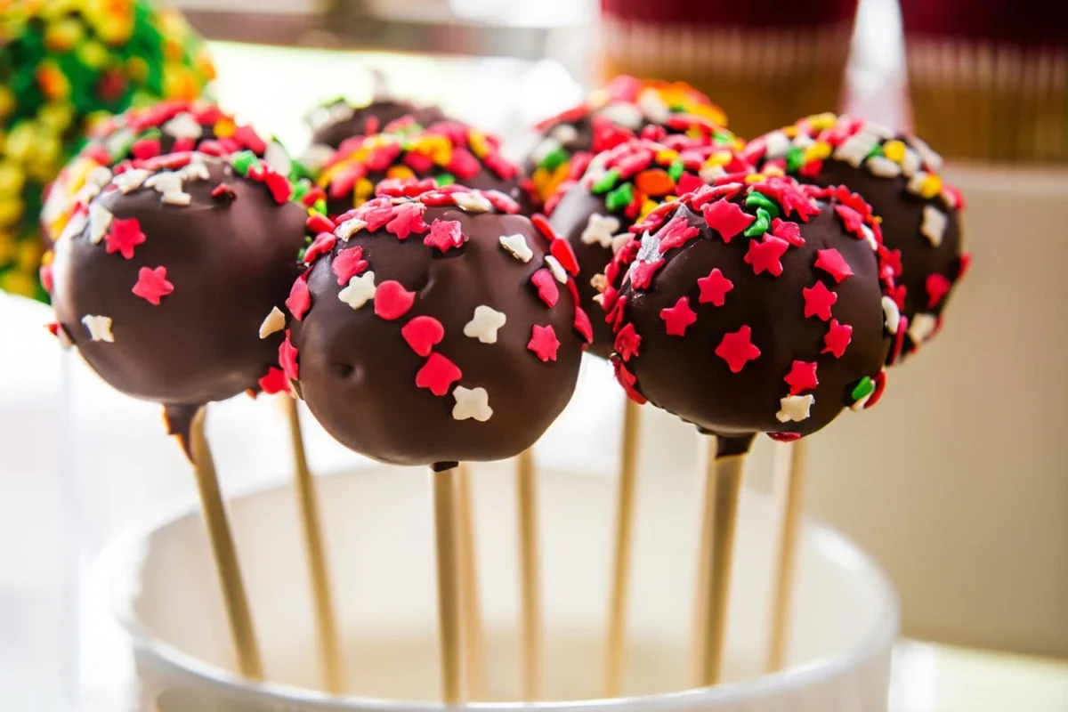 Assorted chocolate-covered cake pops with festive red star and white snowflake sprinkles displayed in a stand.