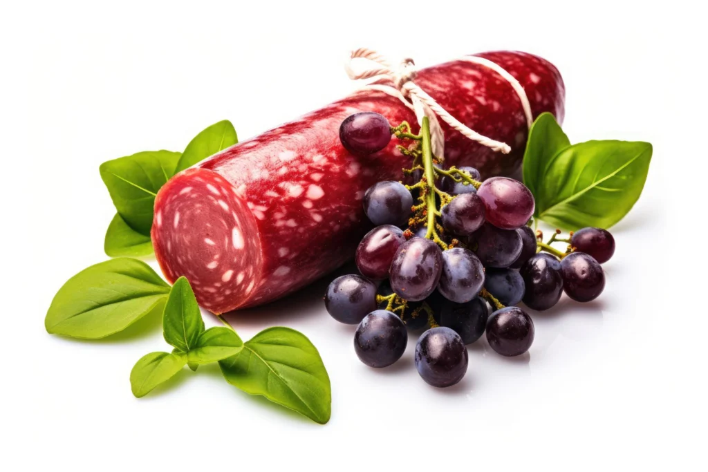 Sopressata with grapes and basil leaves