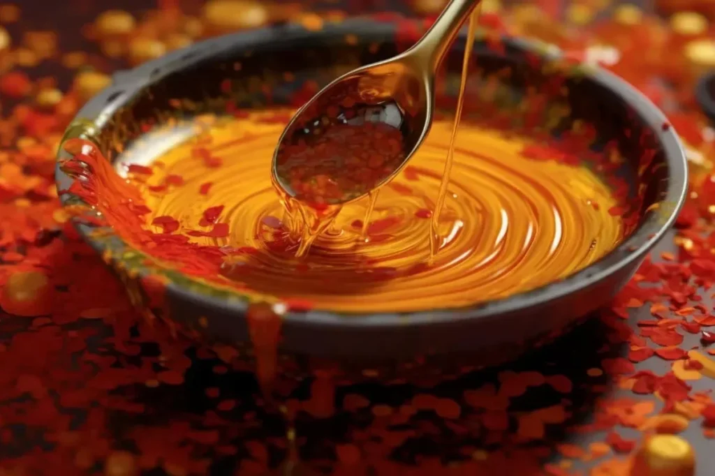 Glistening Bang Bang Sauce in a bowl with a spoon drizzling the vibrant, spicy and creamy mixture.