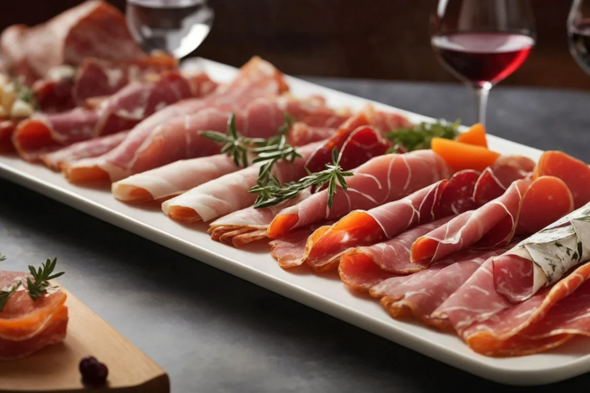 Gourmet Italian charcuterie platter with assorted cured meats, cheese, and glasses of red wine.