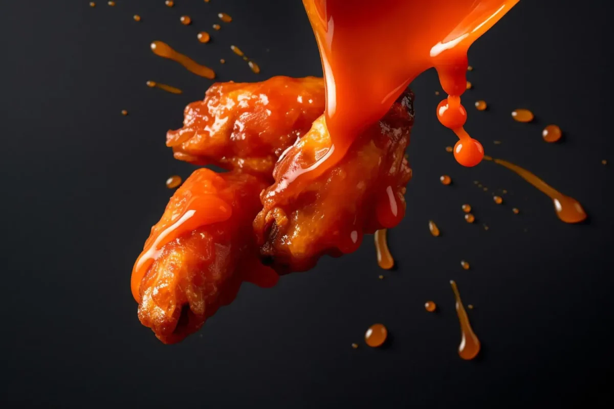 Crispy chicken wings being generously coated in vibrant, glossy Bang Bang Sauce against a dark background.