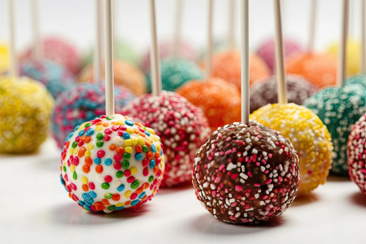 Colorful cake pops covered in various sprinkles on white background