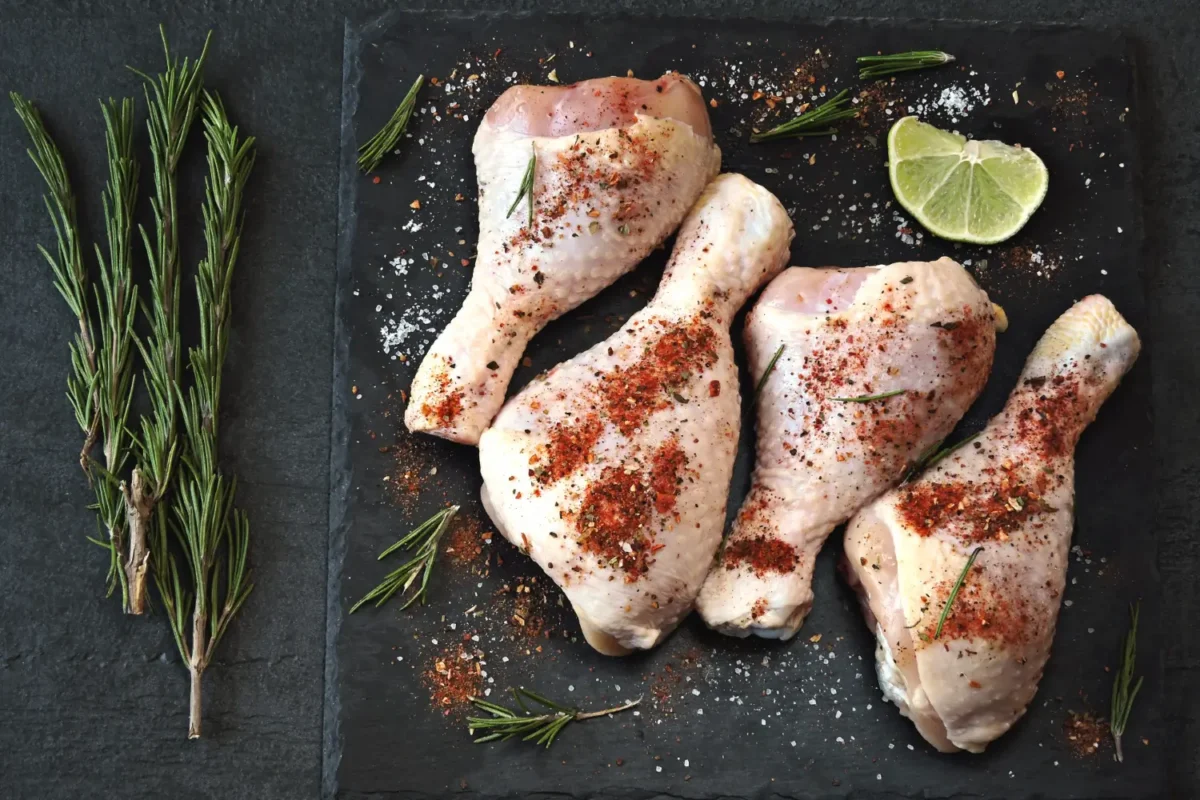 Raw chicken drumsticks seasoned with spices, accompanied by rosemary and lime on a slate surface.