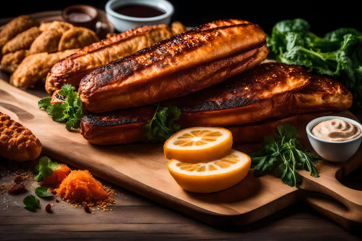 A platter of traditional Polish kielbasa served with sauerkraut, mashed potatoes, and rye bread.