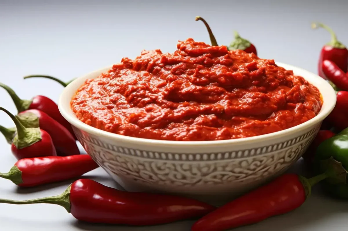 Fresh, vibrant red sauce in a decorative bowl, surrounded by an assortment of red and green chili peppers.