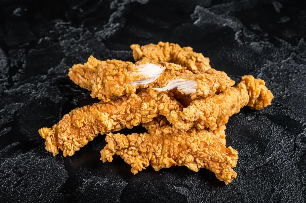 Crispy fried chicken strips on a textured black surface.