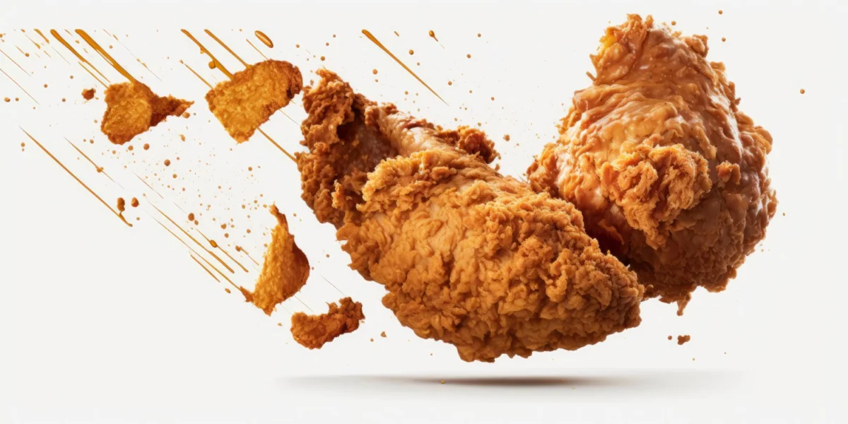 Two pieces of crispy fried chicken with golden-brown coating, suspended in mid-air with splatters of cooking oil, illustrating the crunchiness of fried poultry