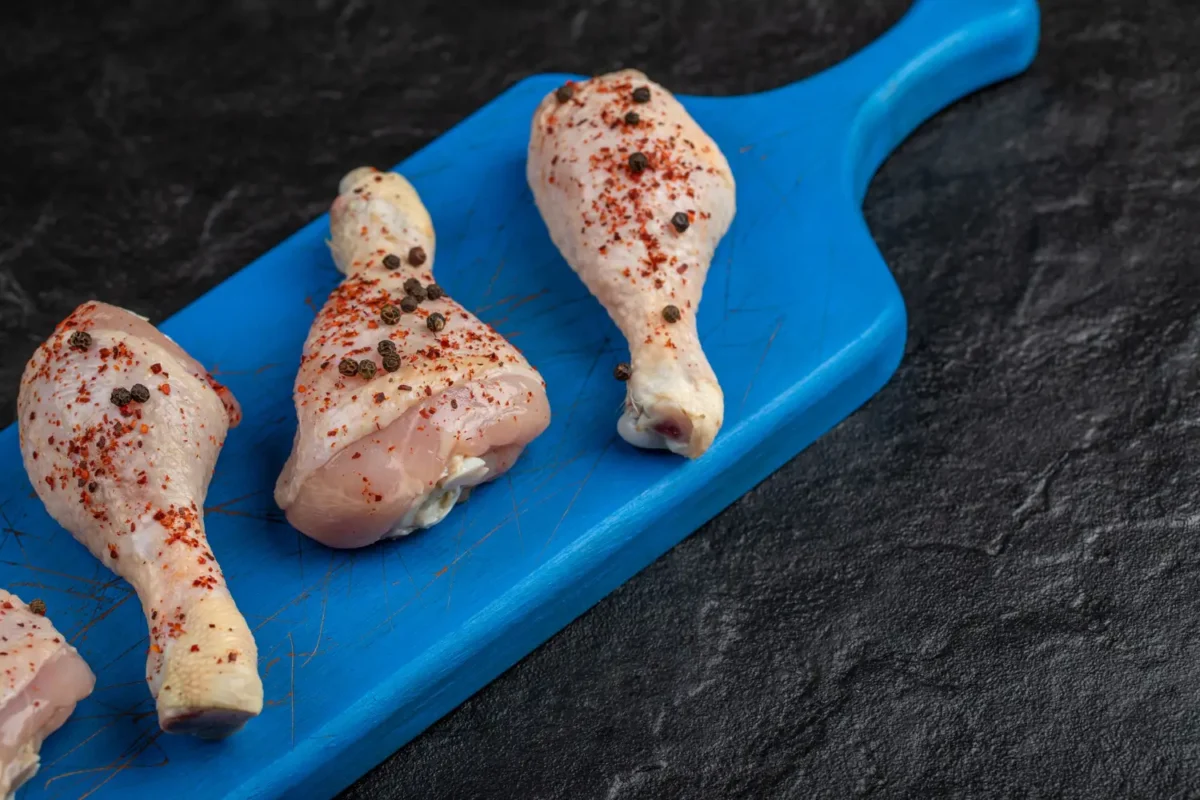 Seasoned raw chicken drumsticks on a blue cutting board, ready for cooking.