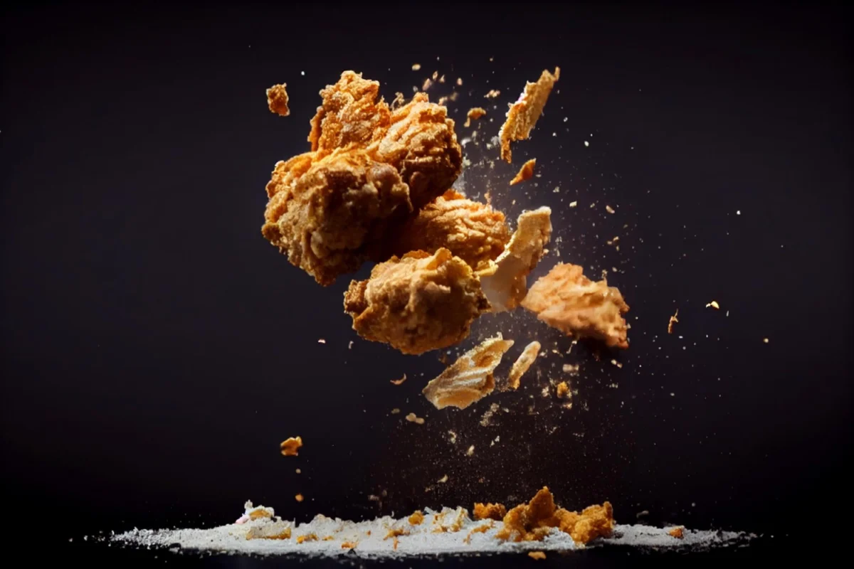 Dynamic image of fried chicken pieces mid-air with crumbs scattering on a dark background.