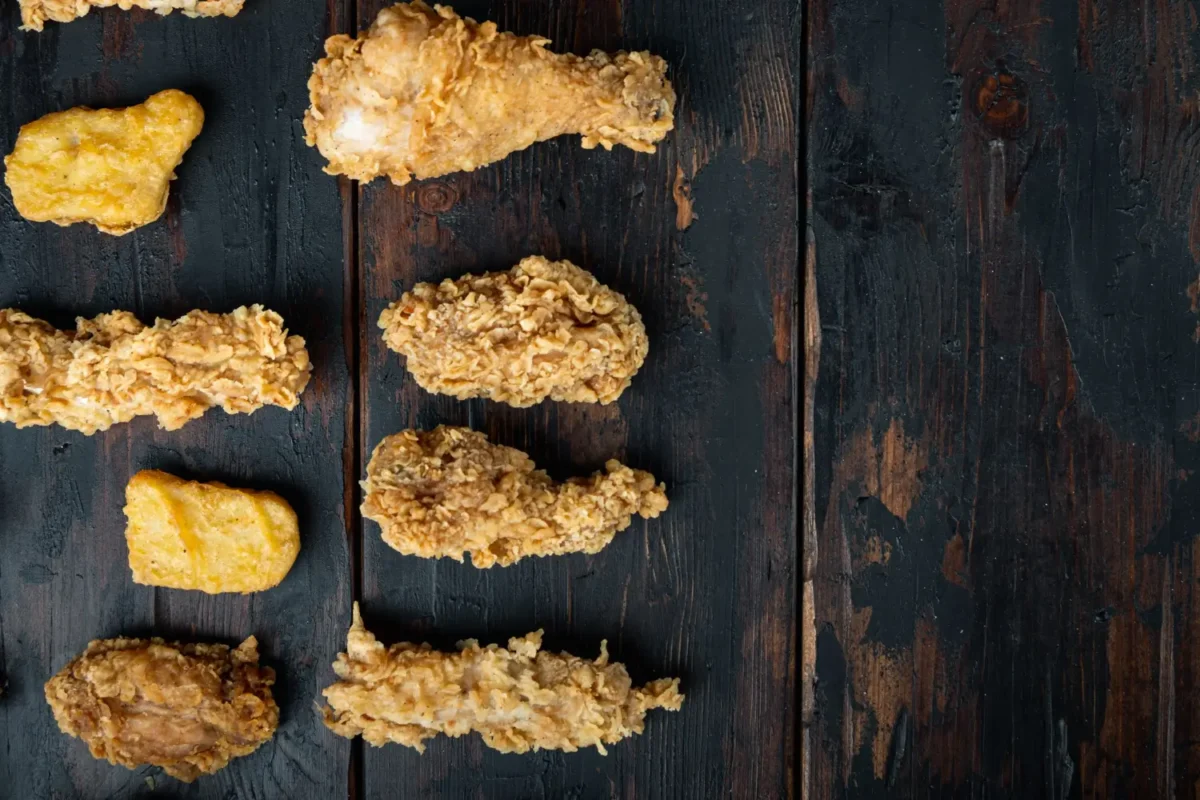 A selection of fried chicken pieces on a dark, rustic wooden surface.