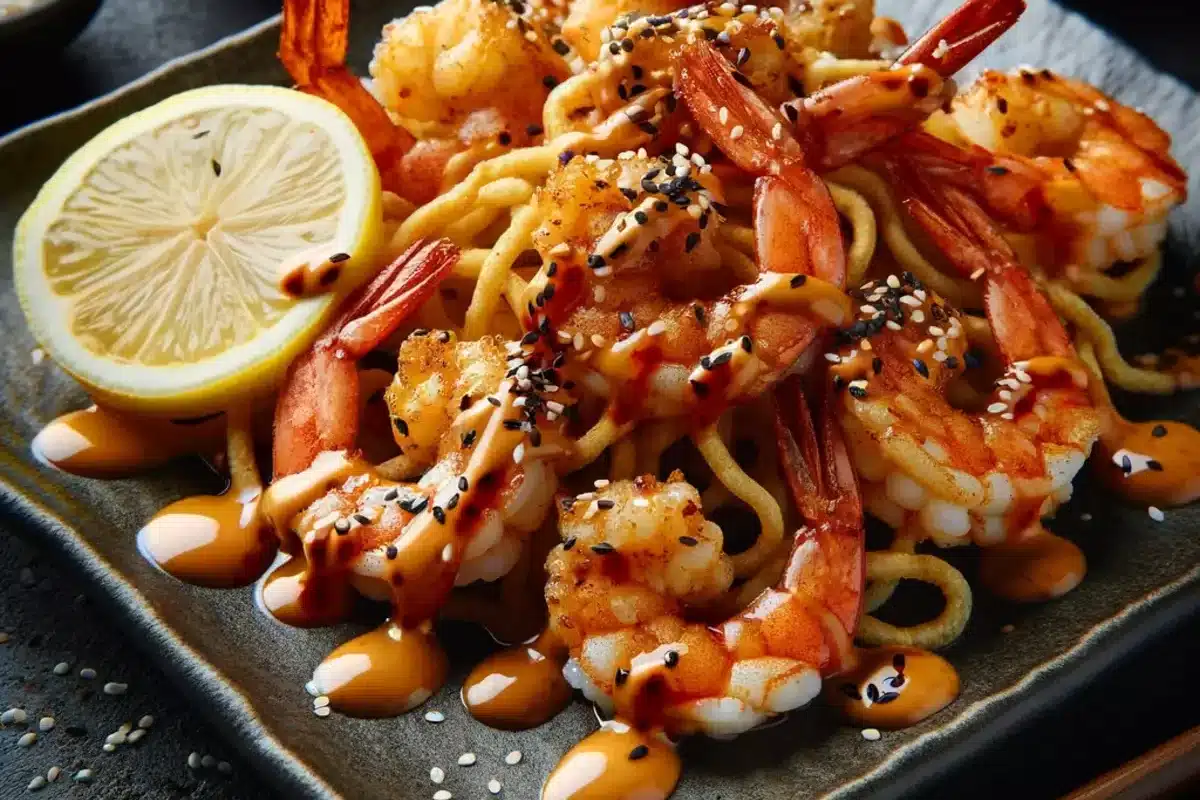 Close-up of Boom Boom Shrimp with spicy sauce and sesame seeds.