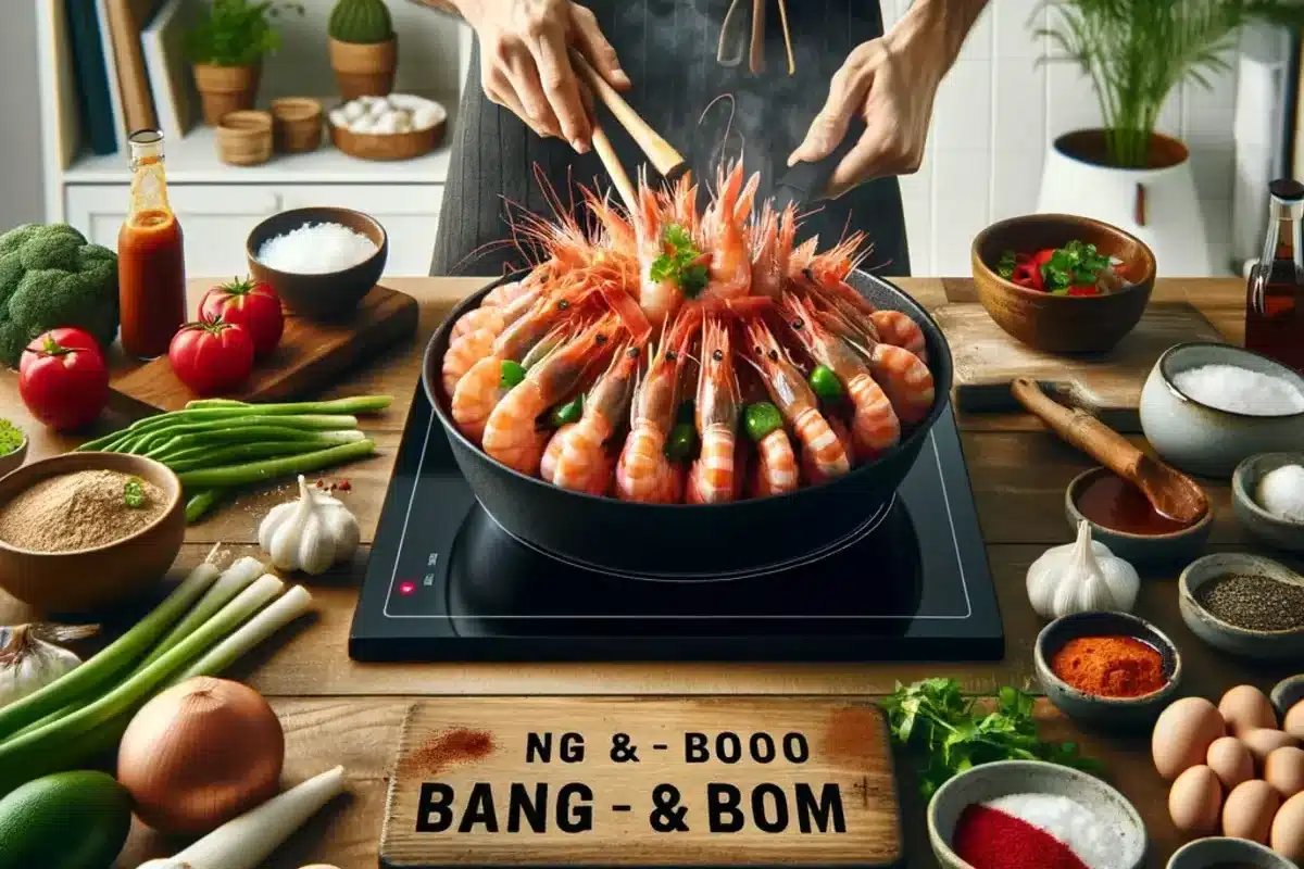 Home cooking scene with preparation of Bang and Boom Shrimp.