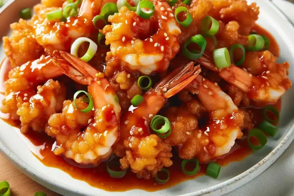Bang vs. Boom Shrimp: Close-up of Bang Bang Shrimp with creamy sauce.
