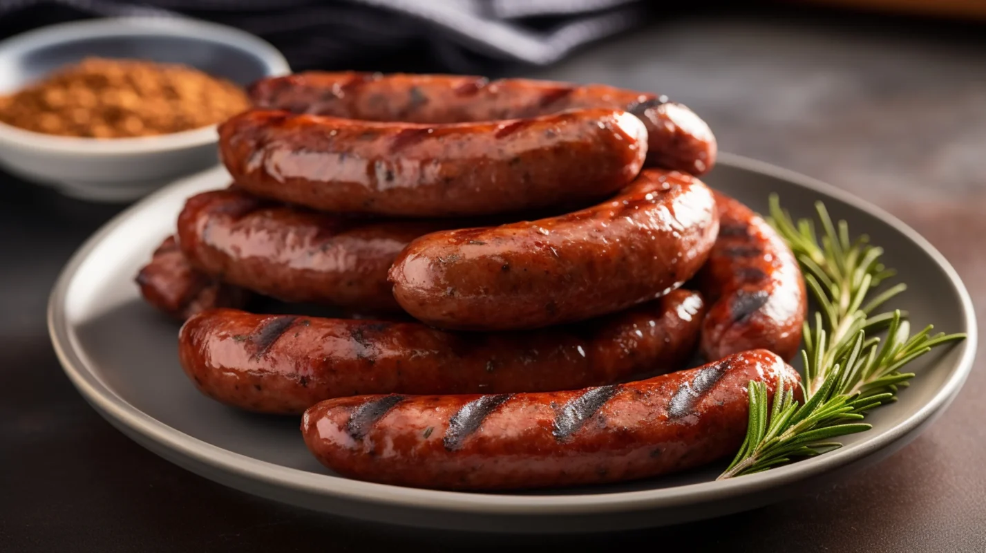 Sizzling kielbasa on a grill with vibrant vegetables around.