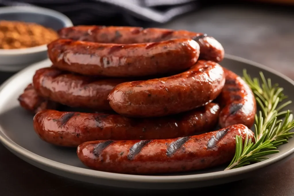 Sizzling kielbasa on a grill with vibrant vegetables around.