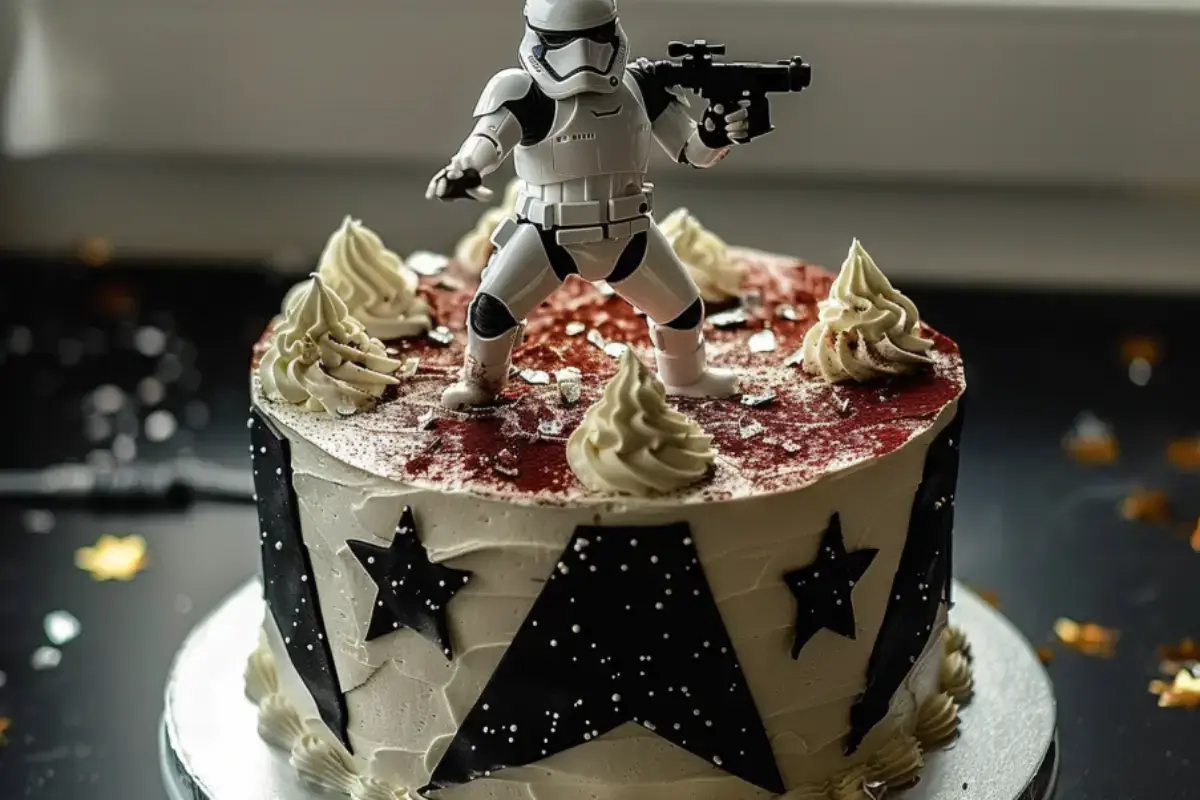 Star Wars cake featuring a stormtrooper figurine on top, decorated with black stars and cream swirls.