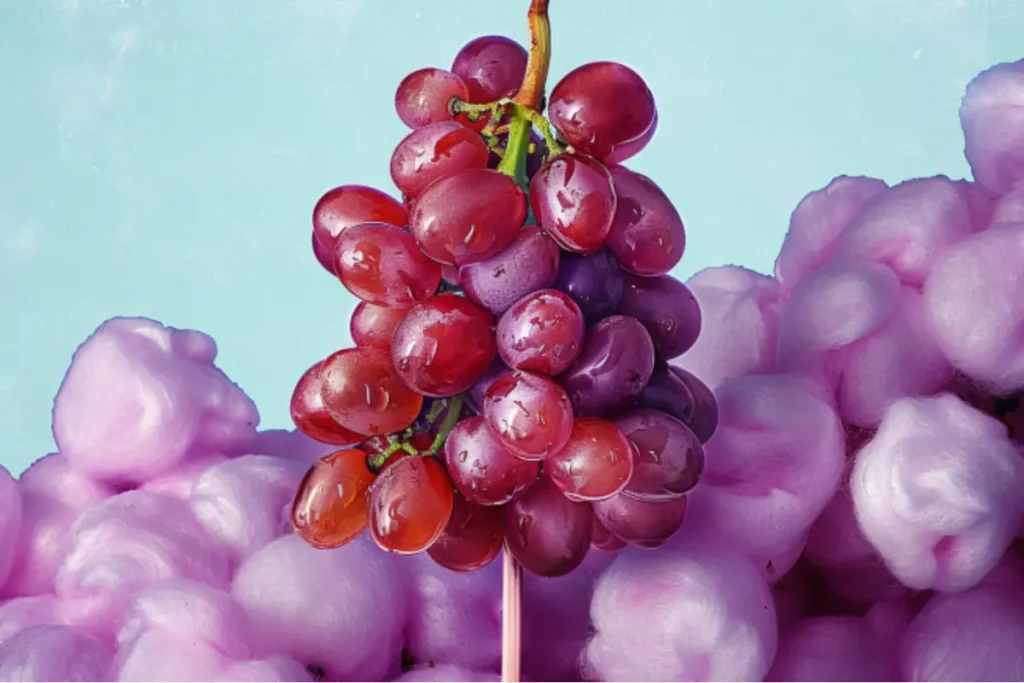 A cluster of vibrant red and purple cotton candy grapes against a backdrop of pink cotton candy.