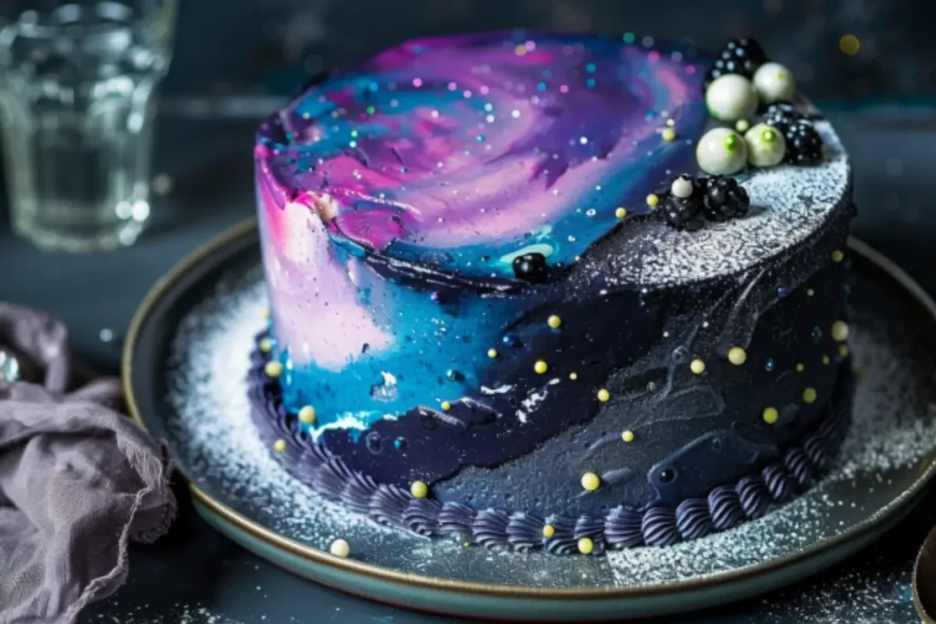 A beautifully decorated cake with vibrant galaxy frosting, featuring swirls of blue, pink, purple, and black, topped with edible glitter, star sprinkles, and fondant decorations resembling planets and stars.