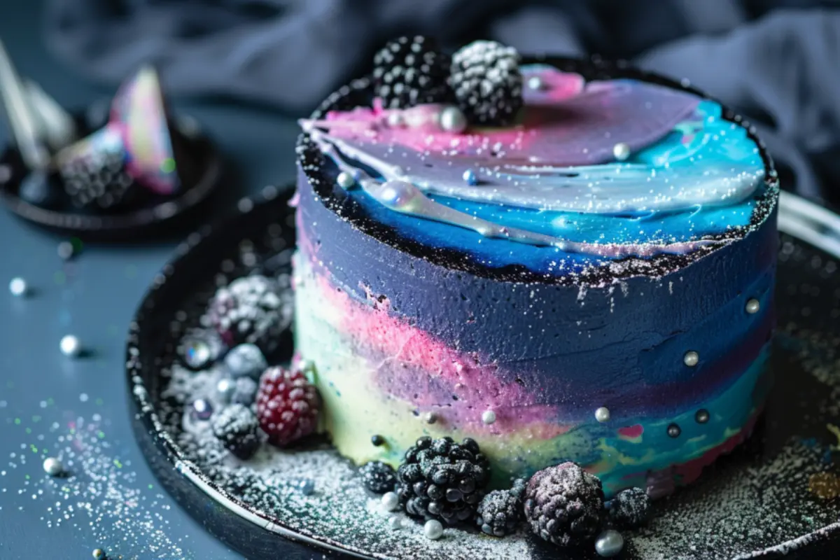 A colorful galaxy frosting cake with swirls of blue, pink, purple, and black, decorated with edible glitter, star sprinkles, and blackberries.