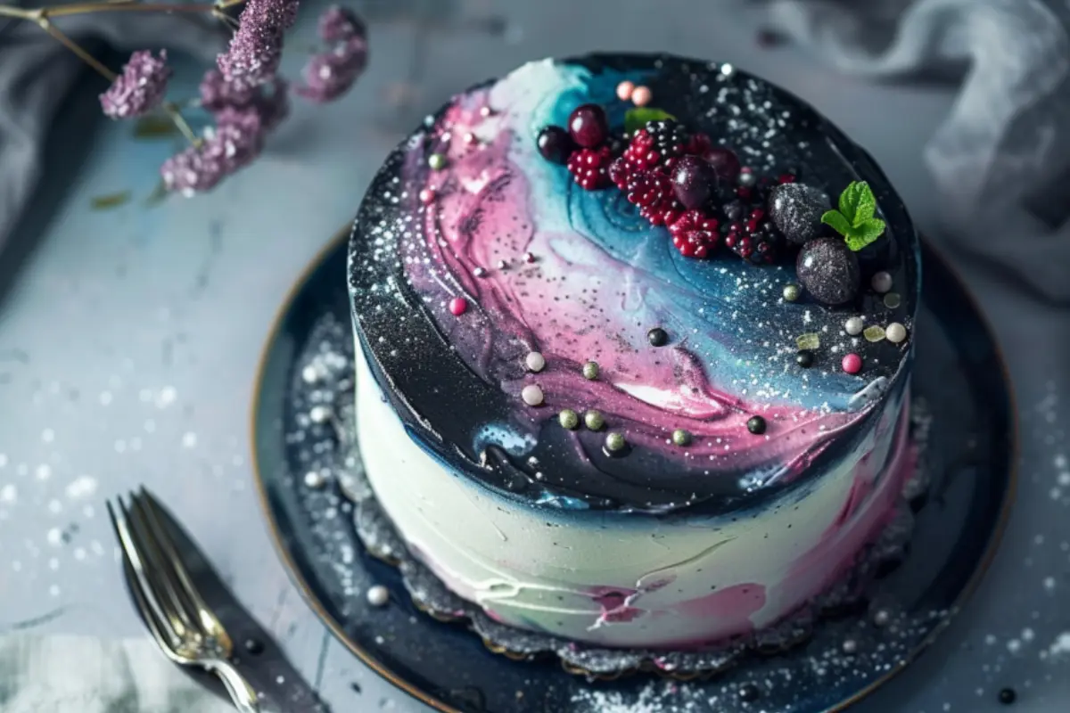 A galaxy frosting cake with swirls of blue, pink, and black frosting, topped with assorted berries and edible sprinkles, creating a celestial design.