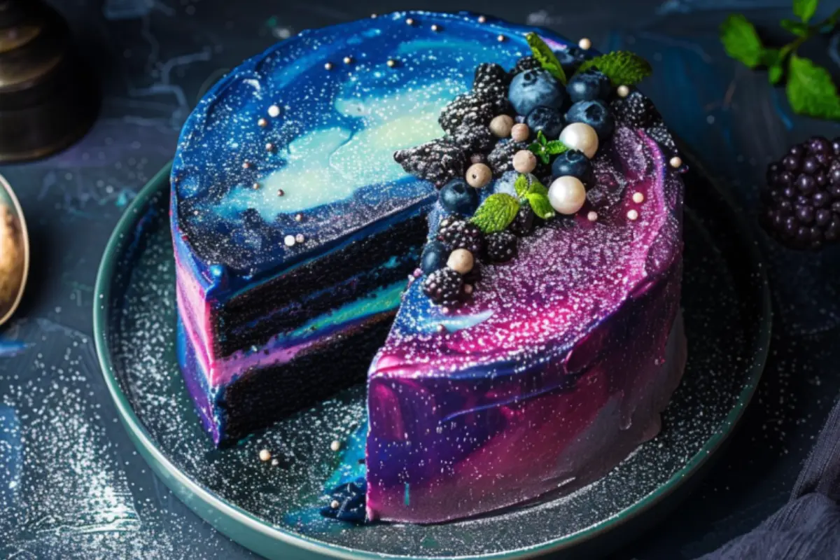  A galaxy frosting cake with vibrant swirls of blue, pink, and purple, topped with fresh blueberries, blackberries, mint leaves, and edible pearls, with a slice cut out.