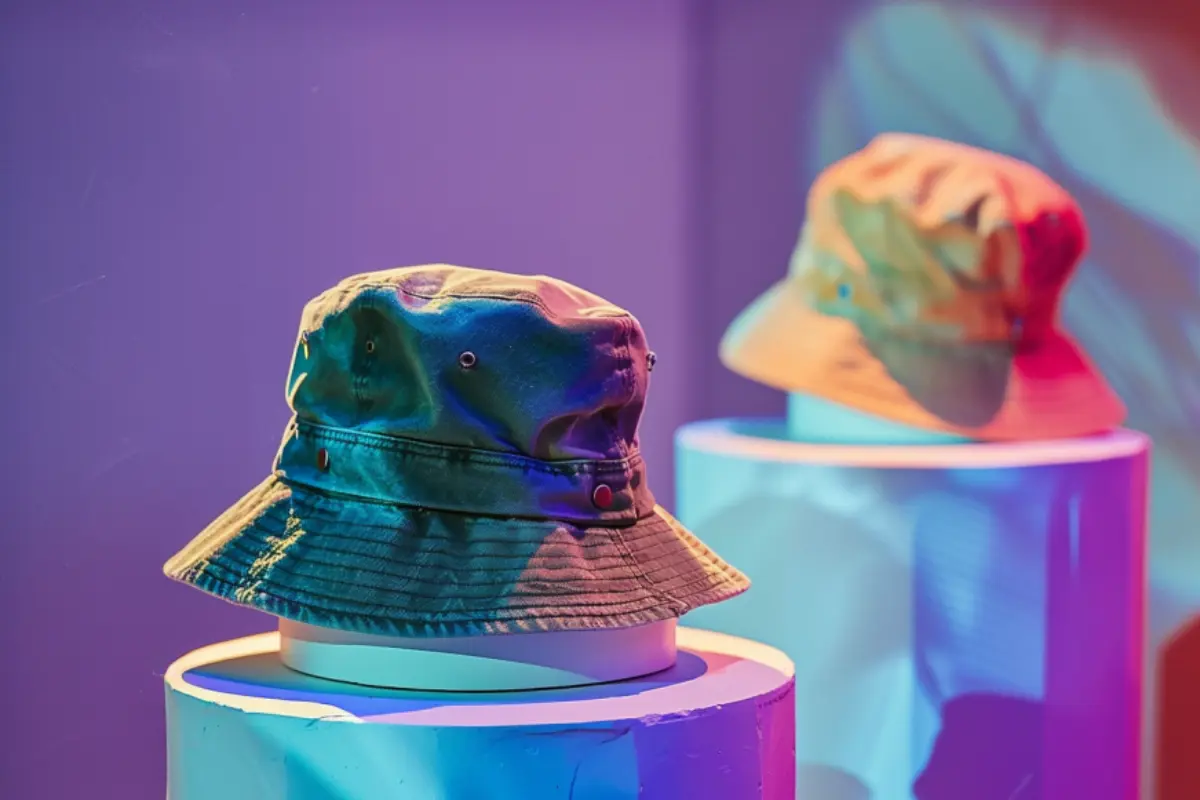 Two bucket hats on display, one colored green and the other orange, with dramatic lighting.