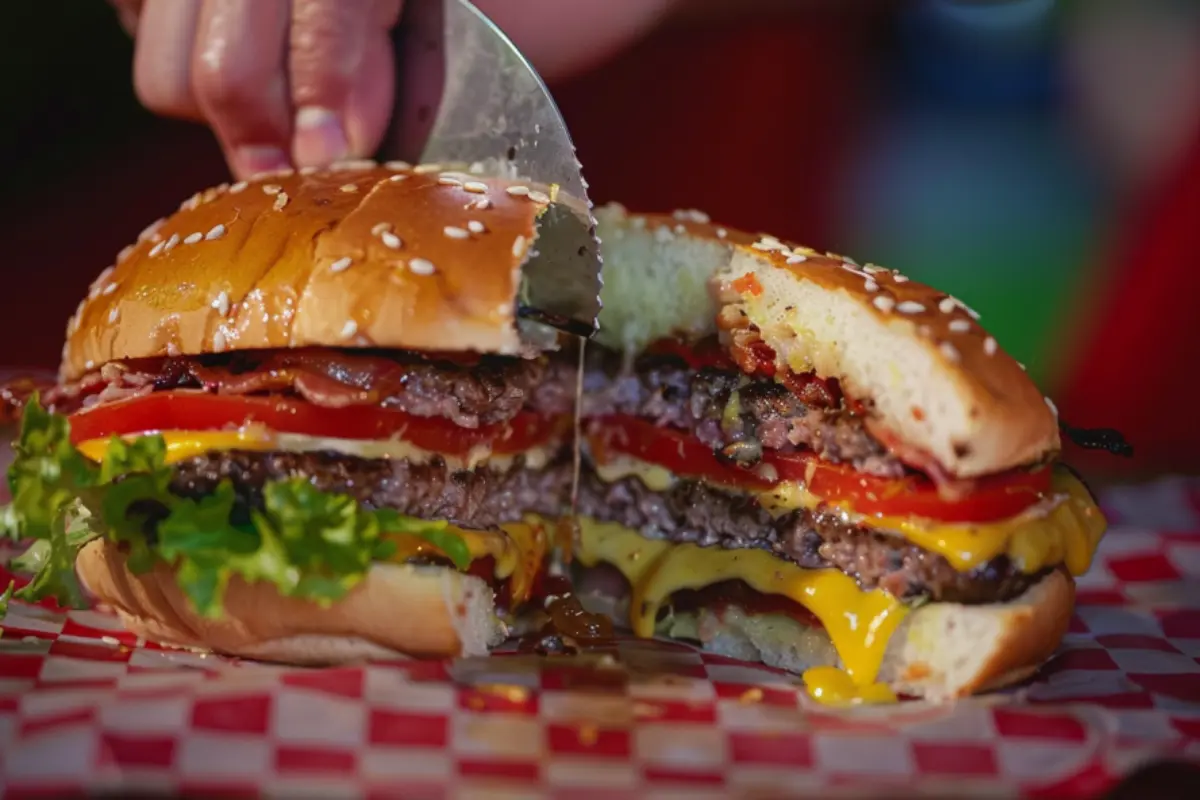 A hyper-realistic burger cake being sliced with a knife.