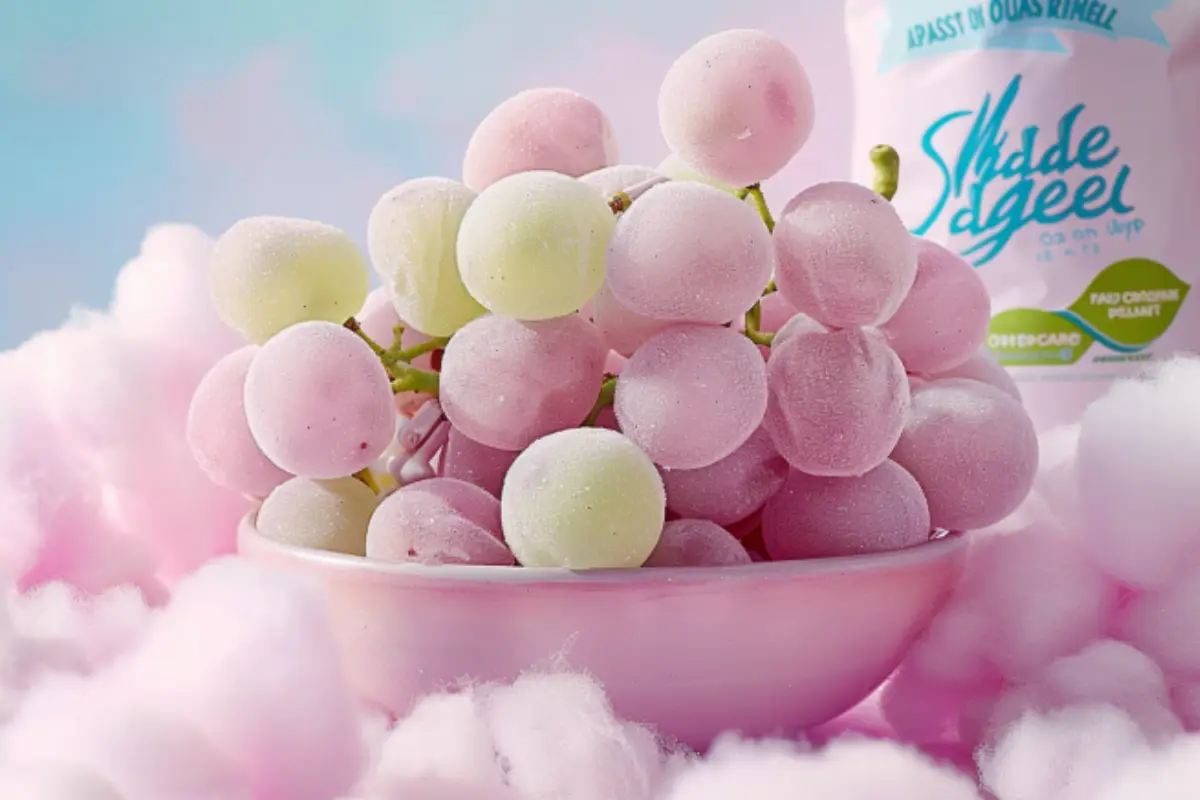 A bowl of frosty cotton candy grapes surrounded by pink cotton candy with a pastel background.