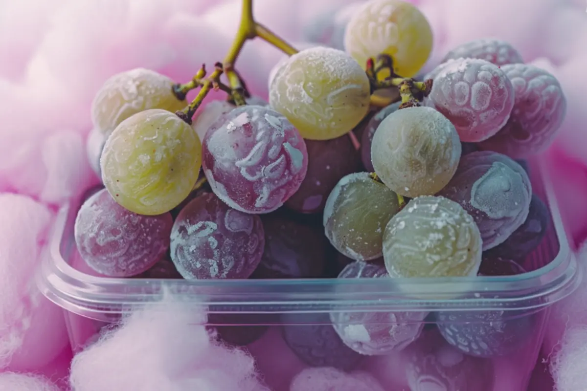 A close-up of frosty cotton candy grapes in a clear plastic container surrounded by pink cotton candy.