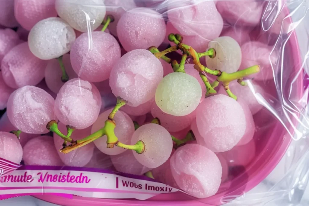 A close-up of frosty pink cotton candy grapes in a clear plastic bag.