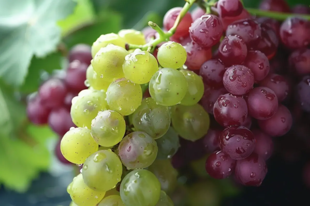 Close-up of fresh green and purple grapes with water droplets on a vine.