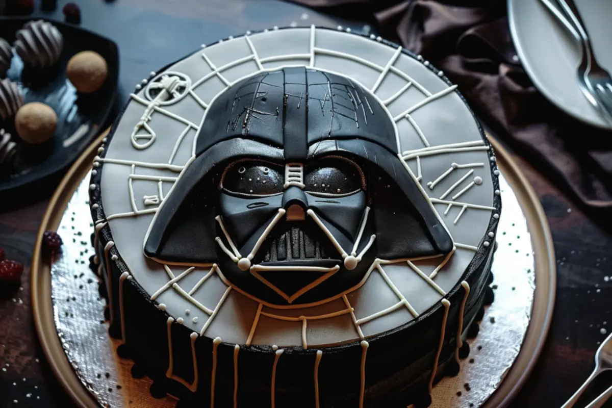 What is cake called in Star Wars? Darth Vader cake with detailed black and white design