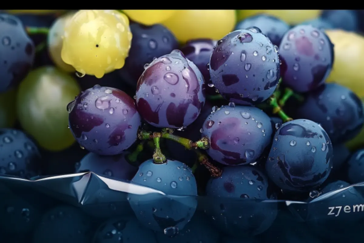 Close-up of fresh, wet black and green grapes with water droplets on the vine.