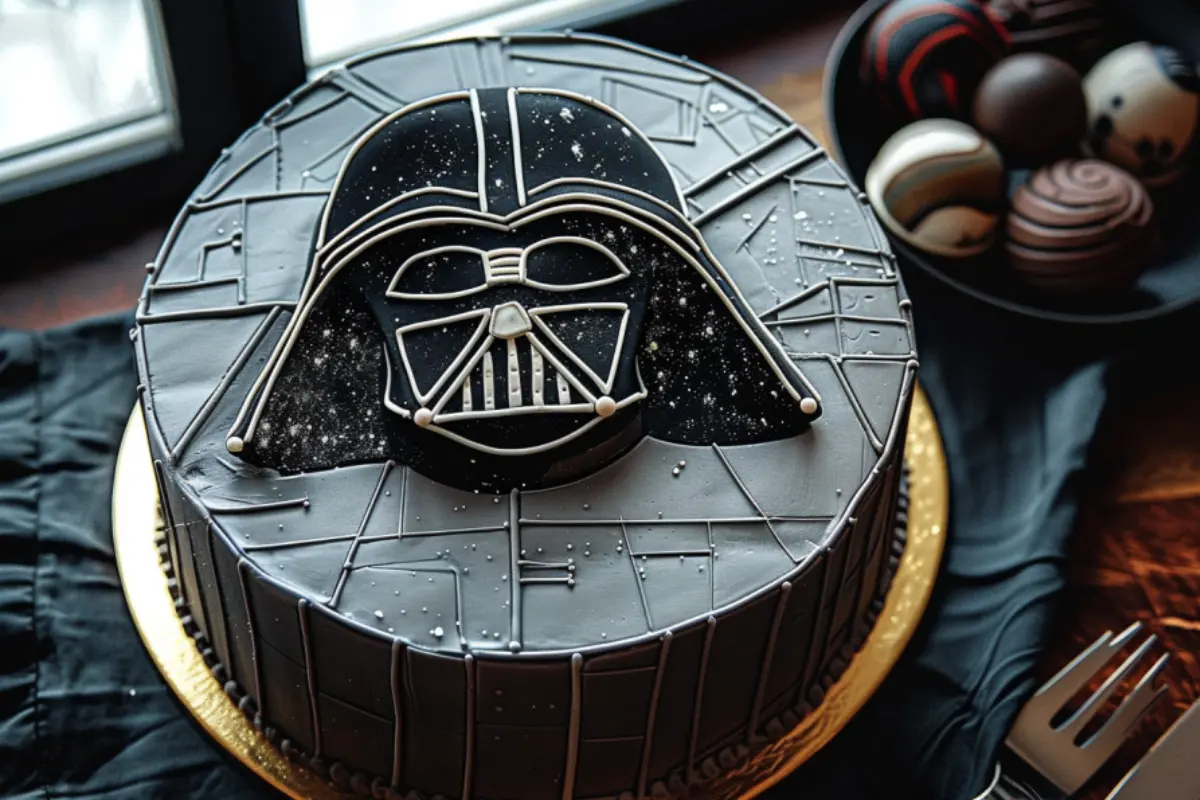 What is cake called in Star Wars? Darth Vader cake with starry black and white design