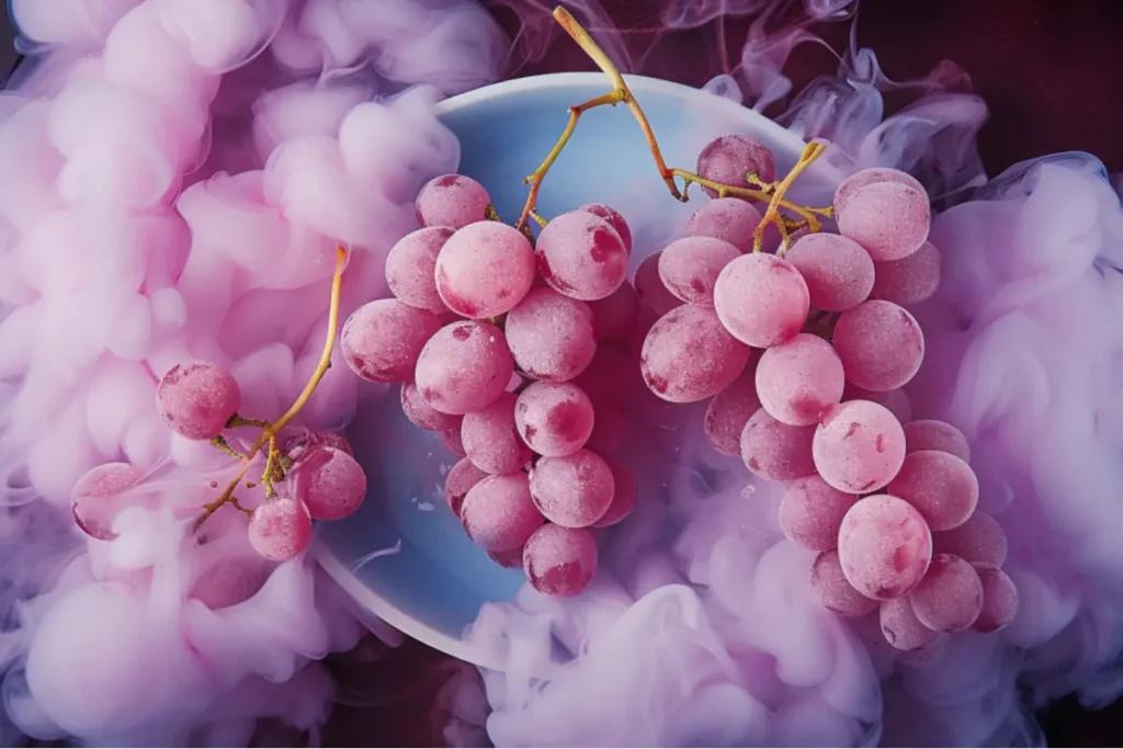 A close-up of frosty pink cotton candy grapes on a blue plate surrounded by pink vapor.