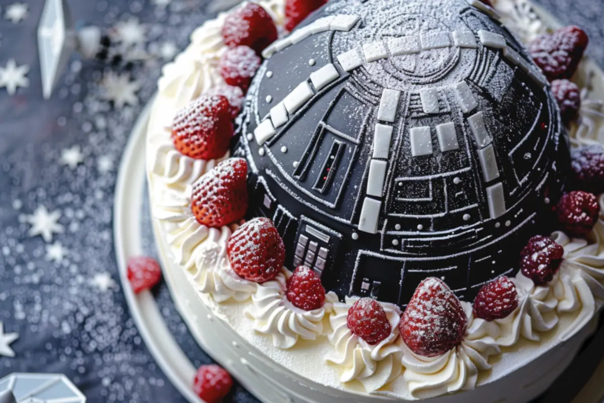 Death Star-themed Star Wars birthday cake decorated with strawberries and whipped cream