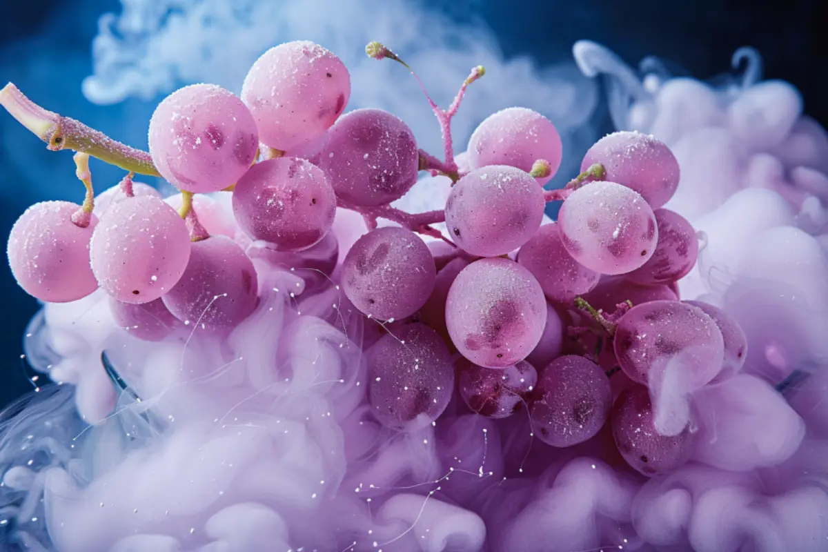Close-up of frosty pink cotton candy grapes with swirling pink vapor on a blue background.