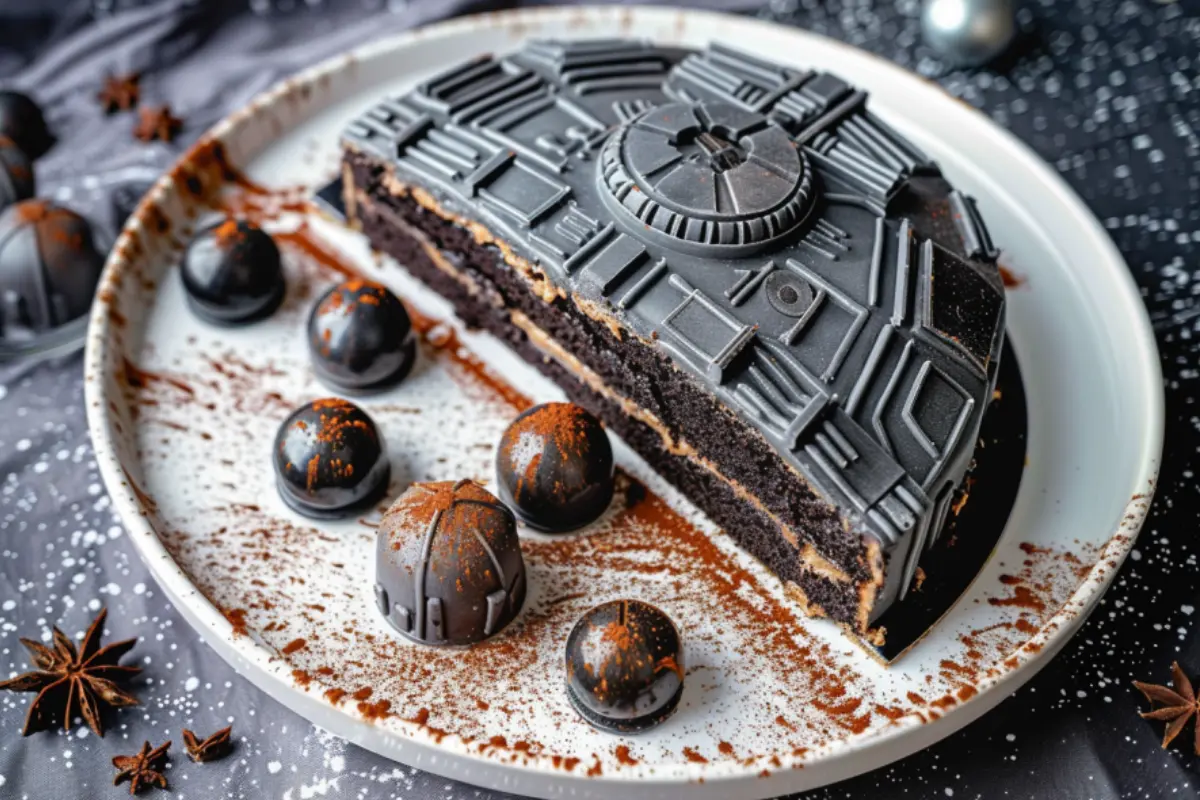 Slice of Star Wars Death Star birthday cake with chocolate decorations