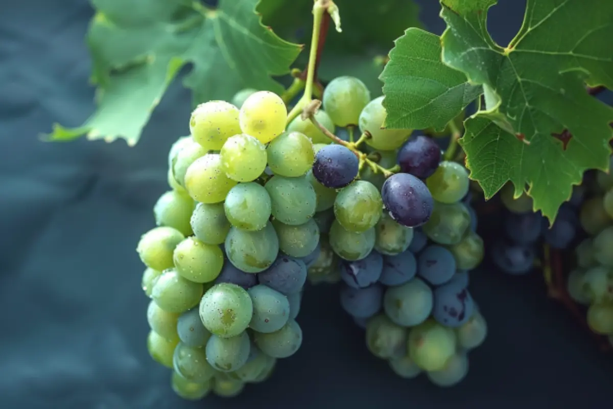 Clusters of green and black grapes hanging from a vine with green leaves in the background.