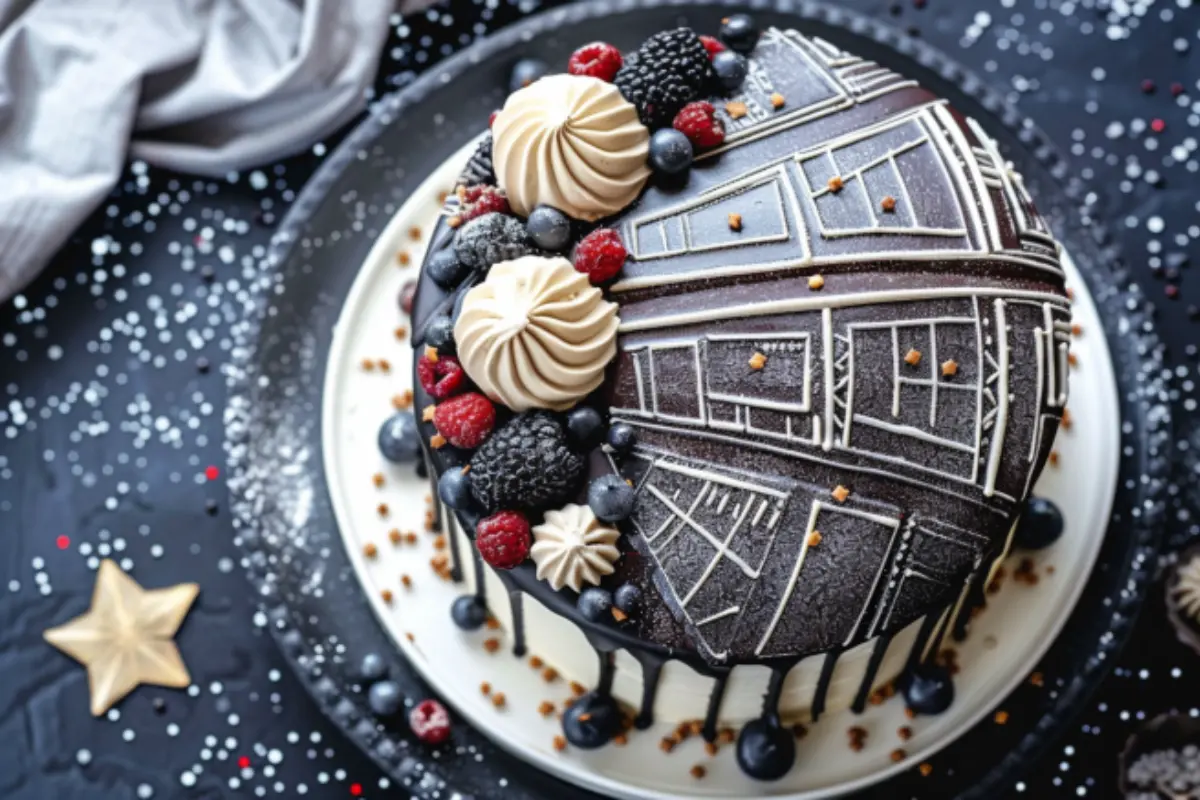 Star Wars Death Star birthday cake with berries and cream decorations