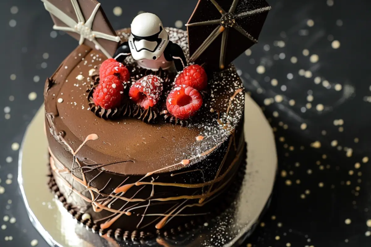 Star Wars chocolate cake topped with a stormtrooper figurine, raspberries, and starship decorations.