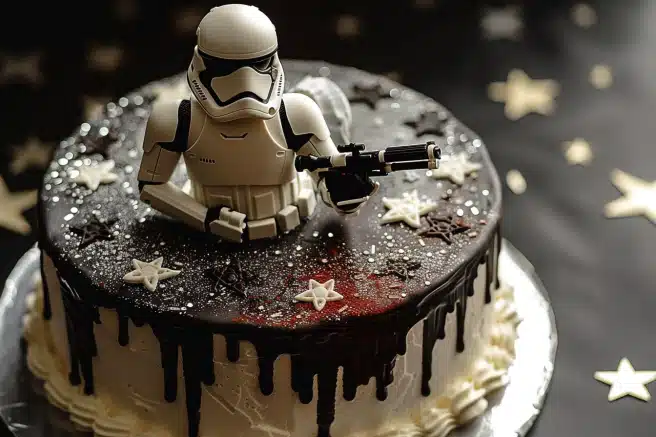 Star Wars cake with a stormtrooper figurine on top, adorned with chocolate drip and star decorations.