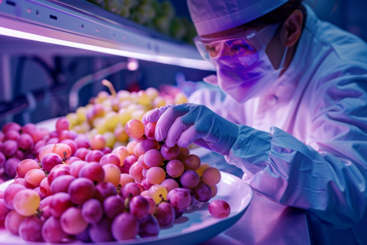 A scientist in protective gear examining bunches of cotton candy grapes under purple lighting in a lab setting.