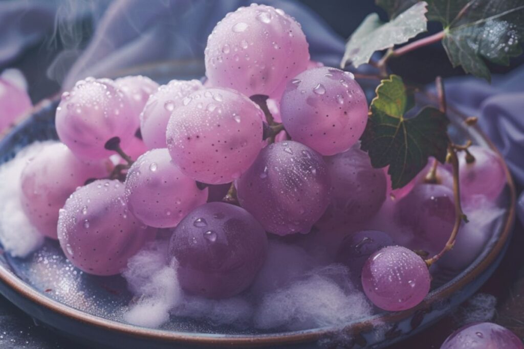 Close-up of cotton candy grapes covered in water droplets, showcasing their unique pinkish hue and plump, juicy appearance.