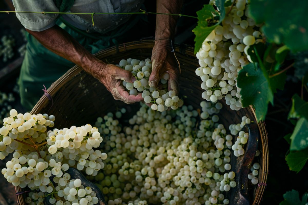 A farmer's hands harvesting white grapes, placing them into a large basket in a vineyard.