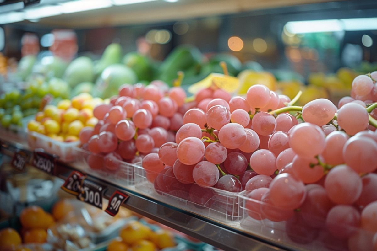  Fresh cotton candy grapes displayed in clear plastic containers at a high-end grocery store.